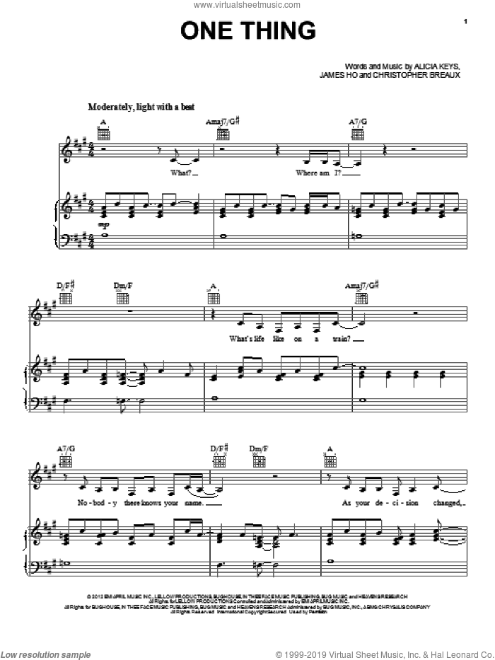 One Thing sheet music for voice, piano or guitar by Alicia Keys, intermediate skill level