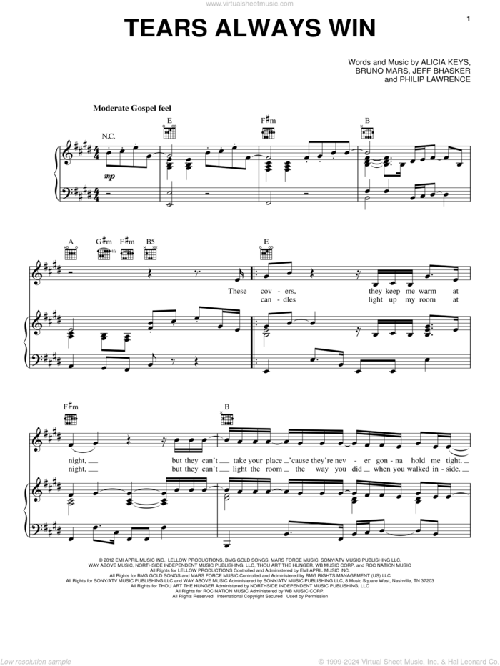 Tears Always Win sheet music for voice, piano or guitar by Alicia Keys, intermediate skill level