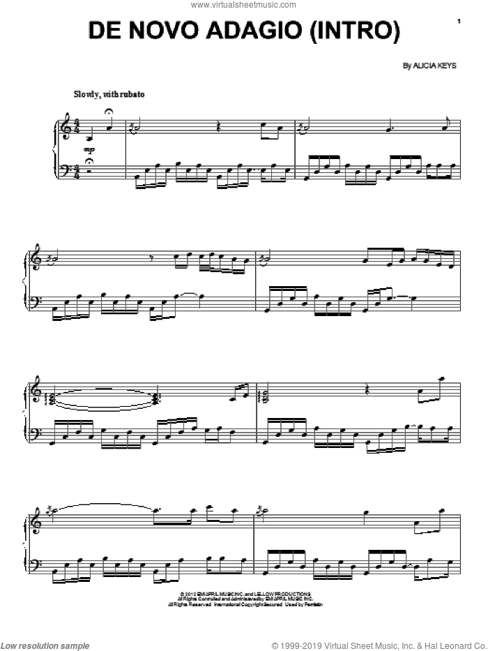 De Novo Adagio (Intro) sheet music for voice, piano or guitar by Alicia Keys, intermediate skill level