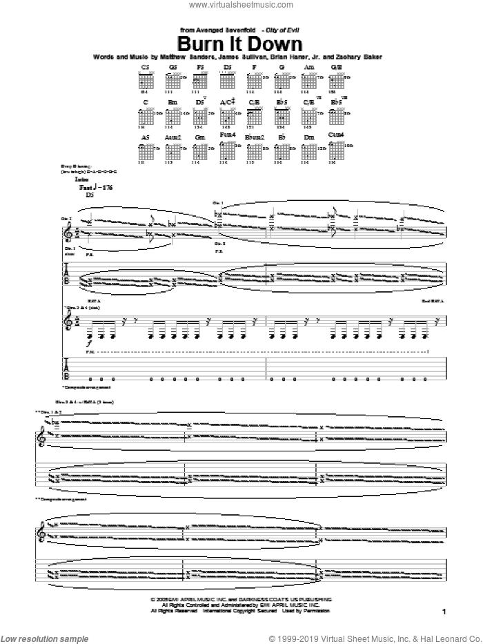 Burn It Down sheet music for guitar (tablature) by Avenged Sevenfold, Brian Haner, Jr., James Sullivan, Matthew Sanders and Zachary Baker, intermediate skill level