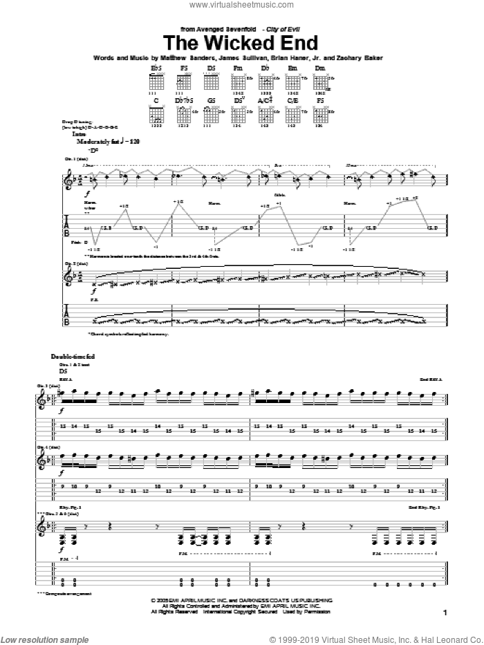 The Wicked End sheet music for guitar (tablature) by Avenged Sevenfold, Brian Haner, Jr., James Sullivan, Matthew Sanders and Zachary Baker, intermediate skill level
