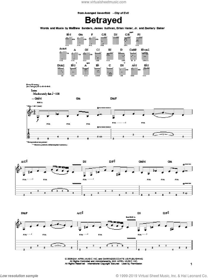 Betrayed sheet music for guitar (tablature) by Avenged Sevenfold, Brian Haner, Jr., James Sullivan, Matthew Sanders and Zachary Baker, intermediate skill level