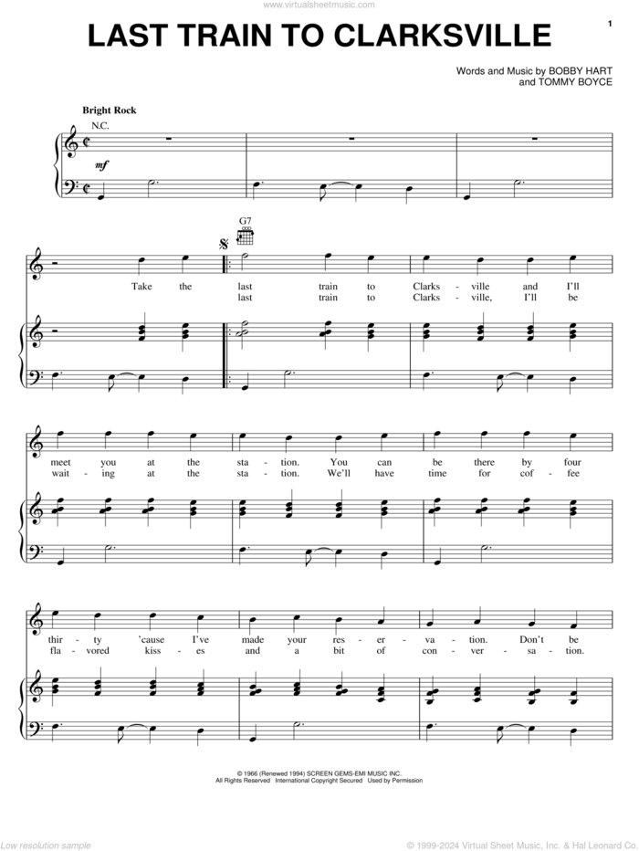 Last Train To Clarksville sheet music for voice, piano or guitar by The Monkees, Bobby Hart and Tommy Boyce, intermediate skill level