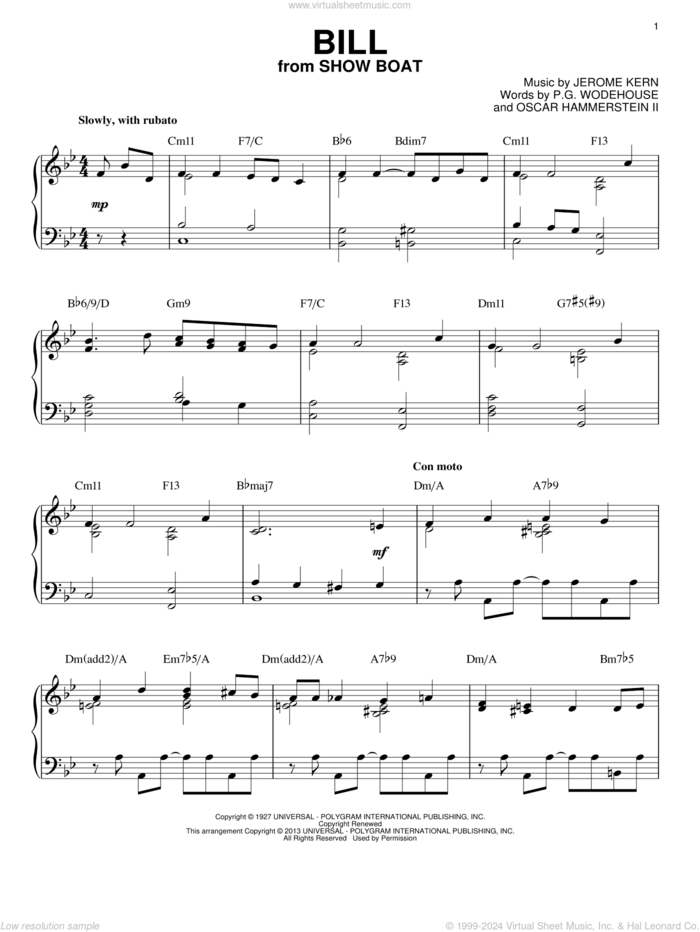 Bill (arr. Brent Edstrom) sheet music for piano solo by Oscar II Hammerstein, Jerome Kern and P.G. Wodehouse, intermediate skill level