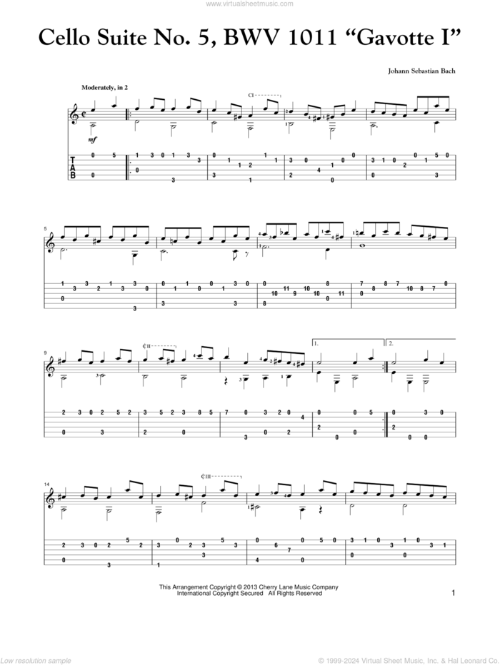 Cello Suite No. 5, BWV 1011 'Gavotte I' sheet music for guitar solo by Johann Sebastian Bach, classical score, intermediate skill level