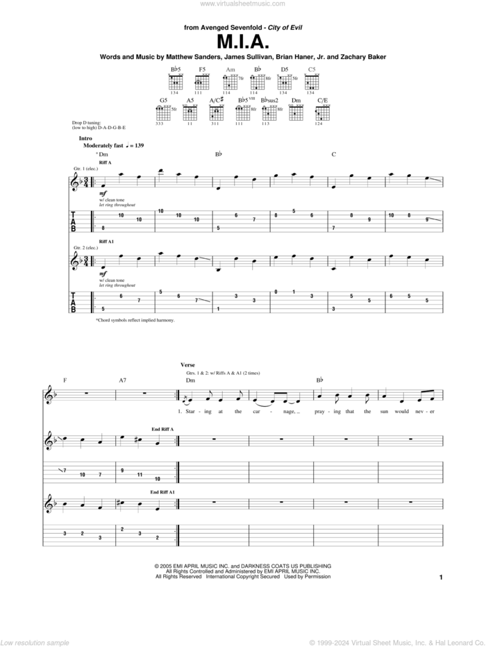M.I.A. sheet music for guitar (tablature) by Avenged Sevenfold, Brian Haner, Jr., James Sullivan, Matthew Sanders and Zachary Baker, intermediate skill level