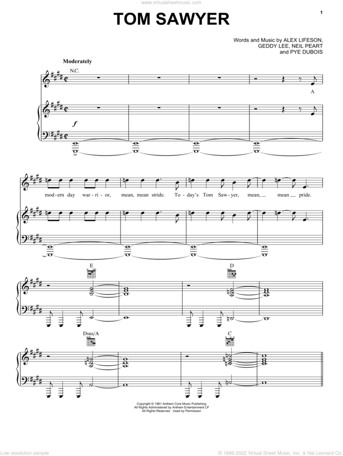 Tom Sawyer sheet music for voice, piano or guitar by Rush, intermediate skill level