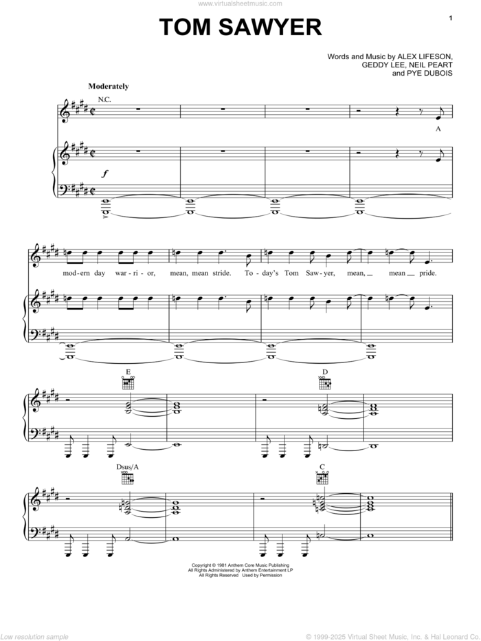 Tom Sawyer sheet music for voice, piano or guitar by Rush, intermediate skill level