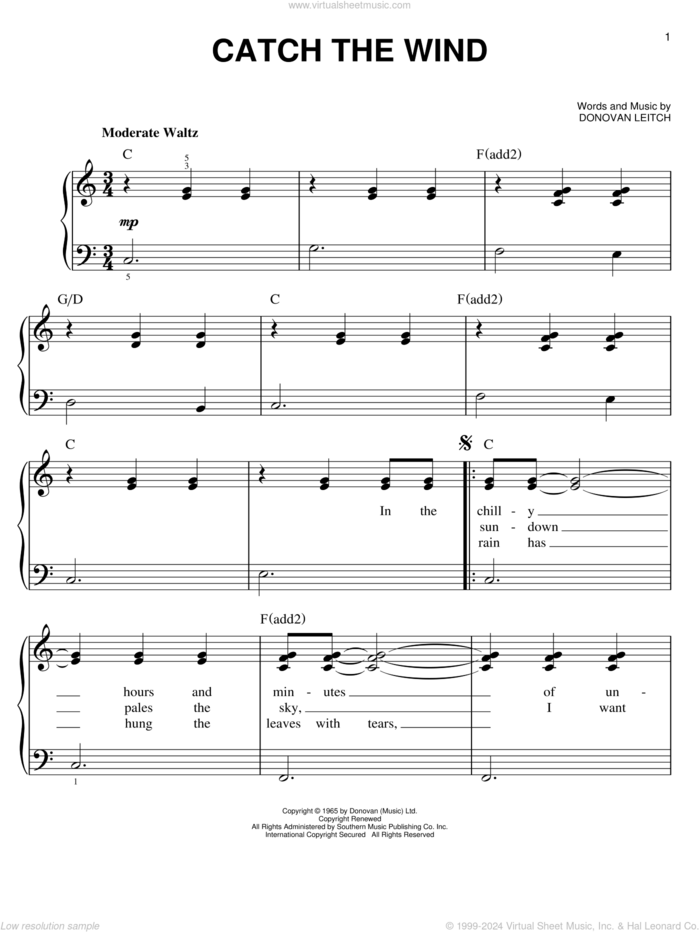 Catch The Wind sheet music for piano solo by Walter Donovan, easy skill level