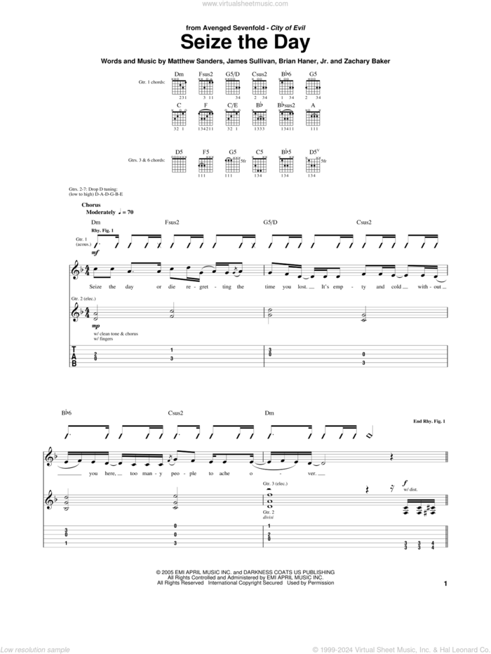 Seize The Day sheet music for guitar (tablature) by Avenged Sevenfold, Brian Haner, Jr., James Sullivan, Matthew Sanders and Zachary Baker, intermediate skill level