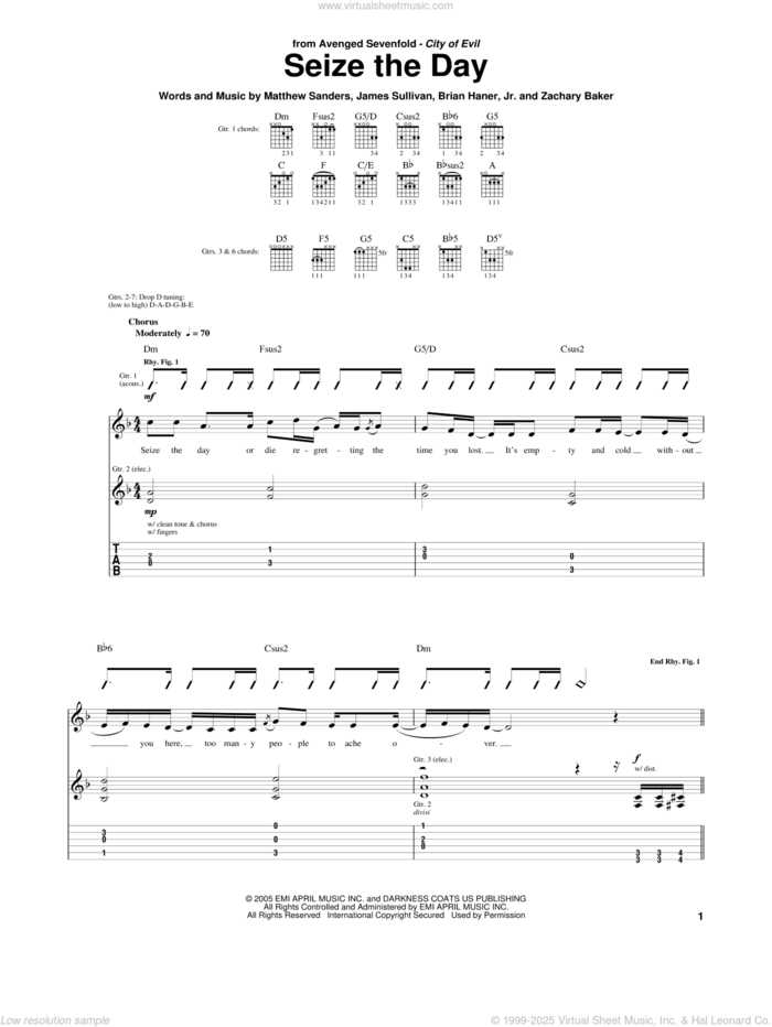 Seize The Day sheet music for guitar (tablature) by Avenged Sevenfold, Brian Haner, Jr., James Sullivan, Matthew Sanders and Zachary Baker, intermediate skill level