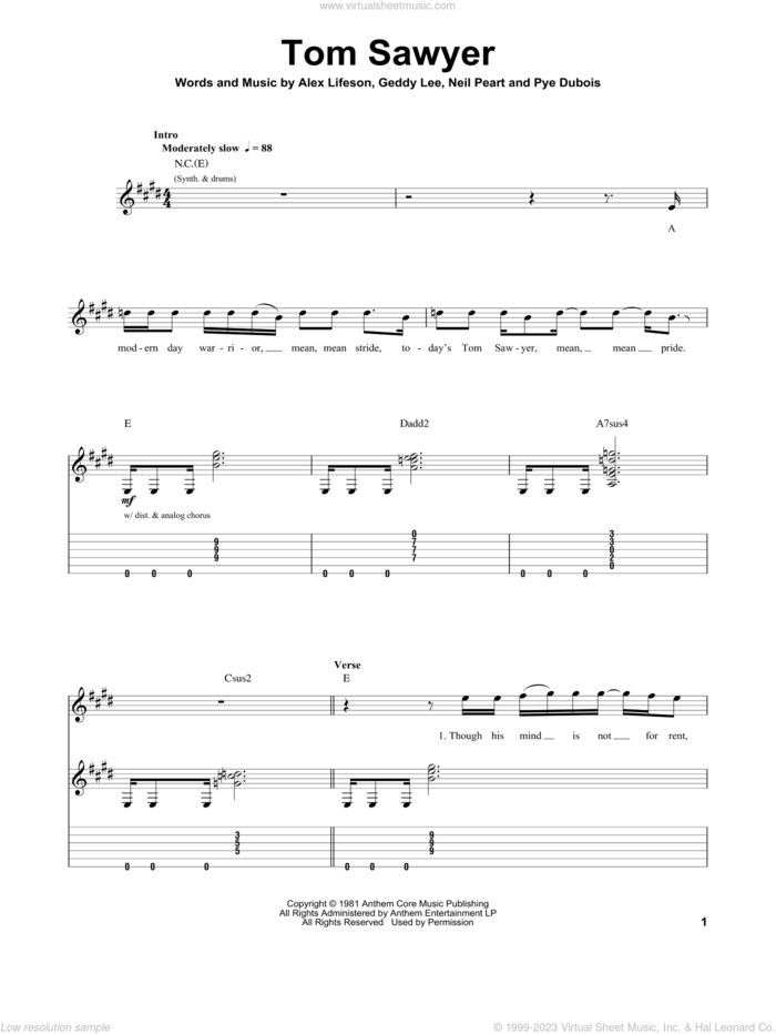 Tom Sawyer sheet music for guitar (tablature, play-along) by Rush, intermediate skill level