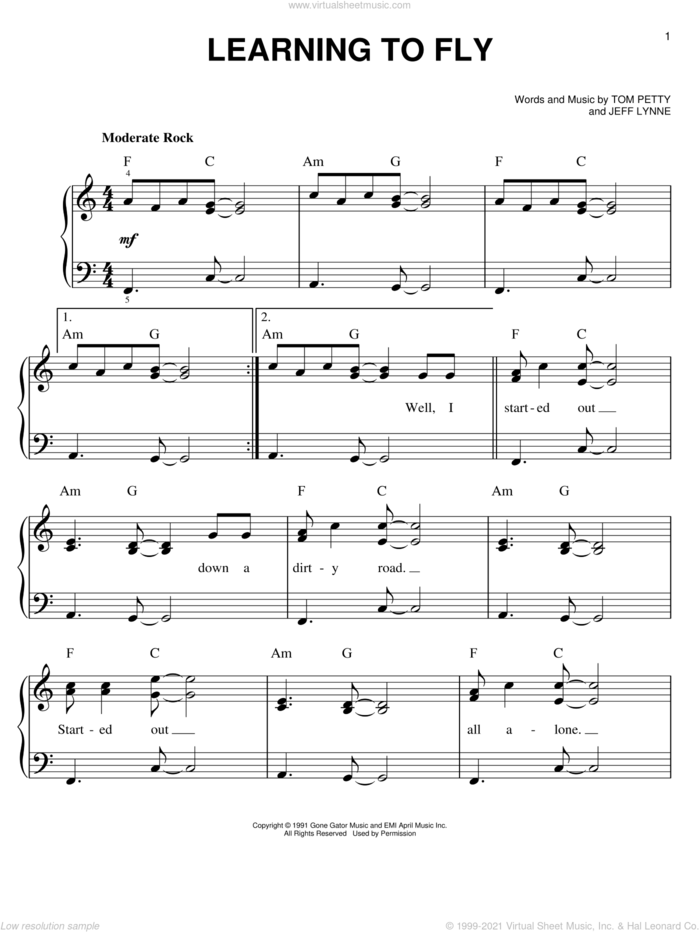 Learning To Fly sheet music for piano solo by Tom Petty, easy skill level