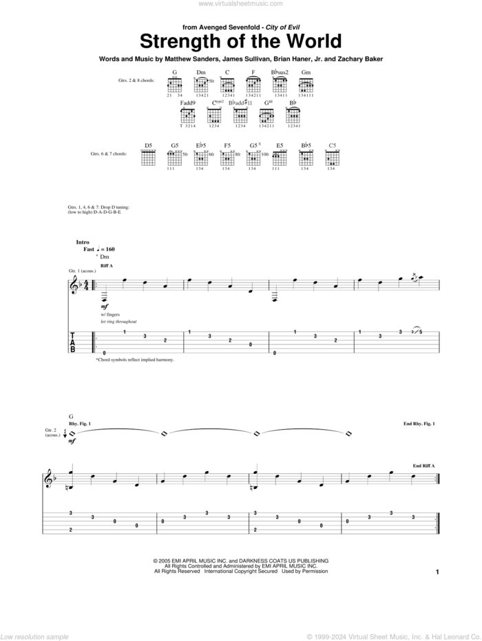 Strength Of The World sheet music for guitar (tablature) by Avenged Sevenfold, Brian Haner, Jr., James Sullivan, Matthew Sanders and Zachary Baker, intermediate skill level