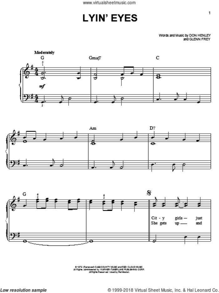 Lyin' Eyes sheet music for piano solo by The Eagles, Don Henley and Glenn Frey, easy skill level