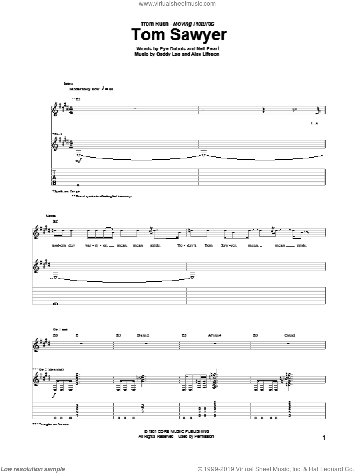 Tom Sawyer sheet music for guitar (tablature) by Rush, intermediate skill level