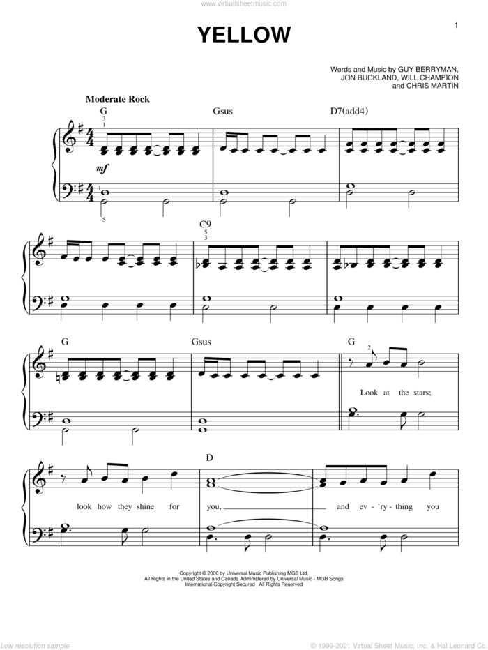 Yellow, (easy) sheet music for piano solo by Coldplay, easy skill level