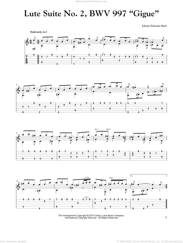 Lute Suite No. 2, BWV 997 'Gigue' sheet music for guitar solo by Johann Sebastian Bach, classical score, intermediate skill level