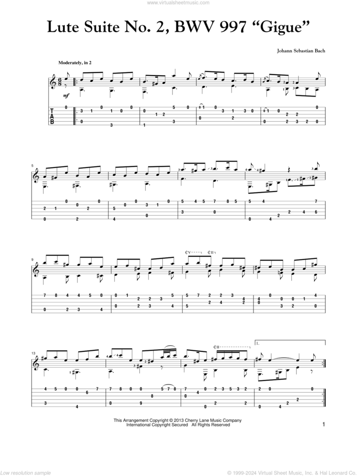 Lute Suite No. 2, BWV 997 'Gigue' sheet music for guitar solo by Johann Sebastian Bach, classical score, intermediate skill level