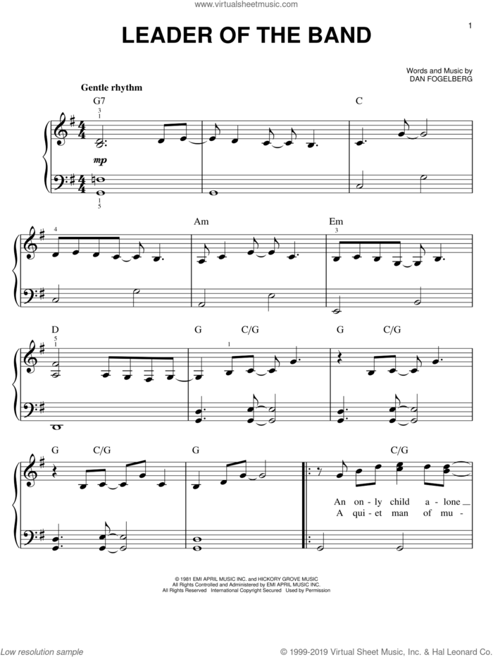 Leader Of The Band sheet music for piano solo by Dan Fogelberg, easy skill level
