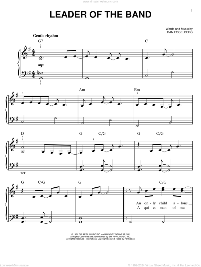 Leader Of The Band sheet music for piano solo by Dan Fogelberg, easy skill level