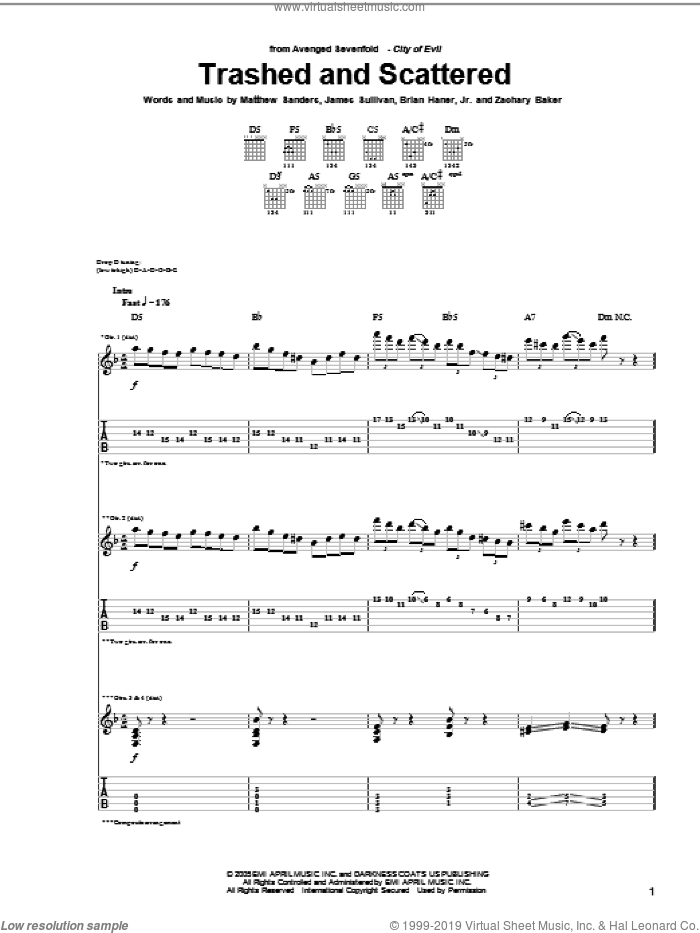 Trashed And Scattered sheet music for guitar (tablature) by Avenged Sevenfold, Brian Haner, Jr., James Sullivan, Matthew Sanders and Zachary Baker, intermediate skill level