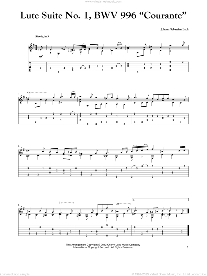 Lute Suite No. 1, BWV 996 'Courante' sheet music for guitar solo by Johann Sebastian Bach, classical score, intermediate skill level