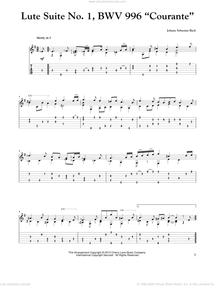 Lute Suite No. 1, BWV 996 'Courante' sheet music for guitar solo by Johann Sebastian Bach, classical score, intermediate skill level