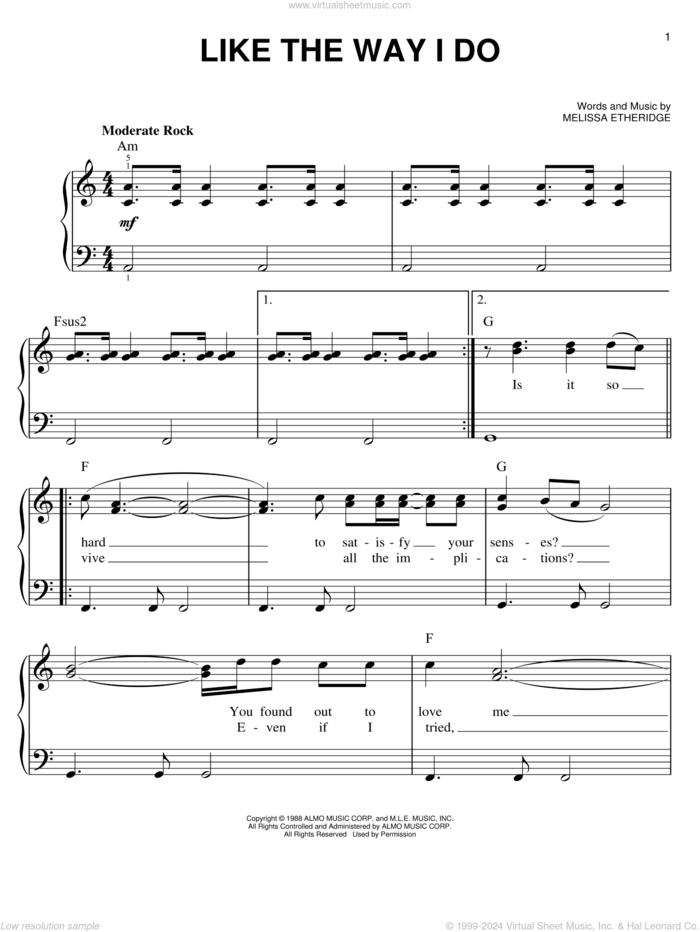 Like The Way I Do sheet music for piano solo by Melissa Etheridge, easy skill level