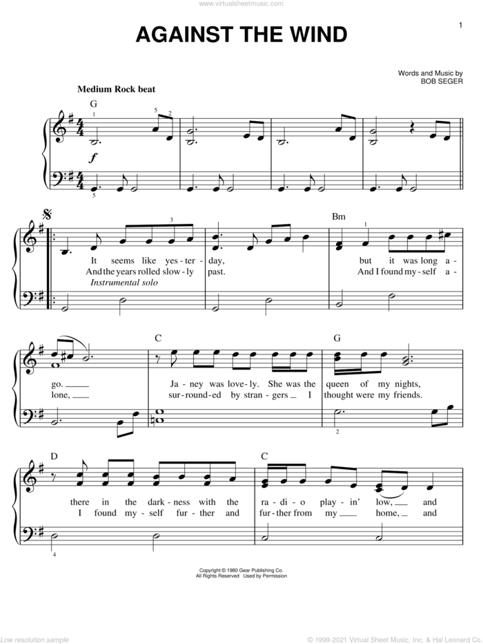 Against The Wind sheet music for piano solo by Bob Seger, easy skill level