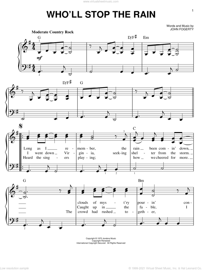 Who'll Stop The Rain sheet music for piano solo by Creedence Clearwater Revival, easy skill level