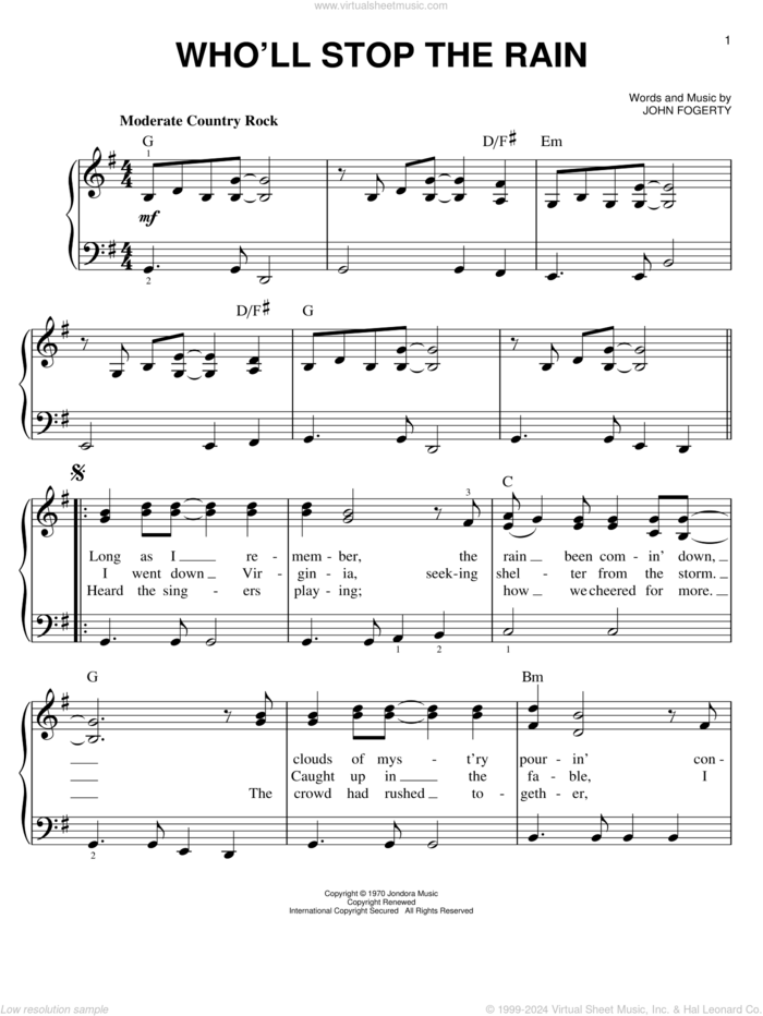 Who'll Stop The Rain sheet music for piano solo by Creedence Clearwater Revival, easy skill level