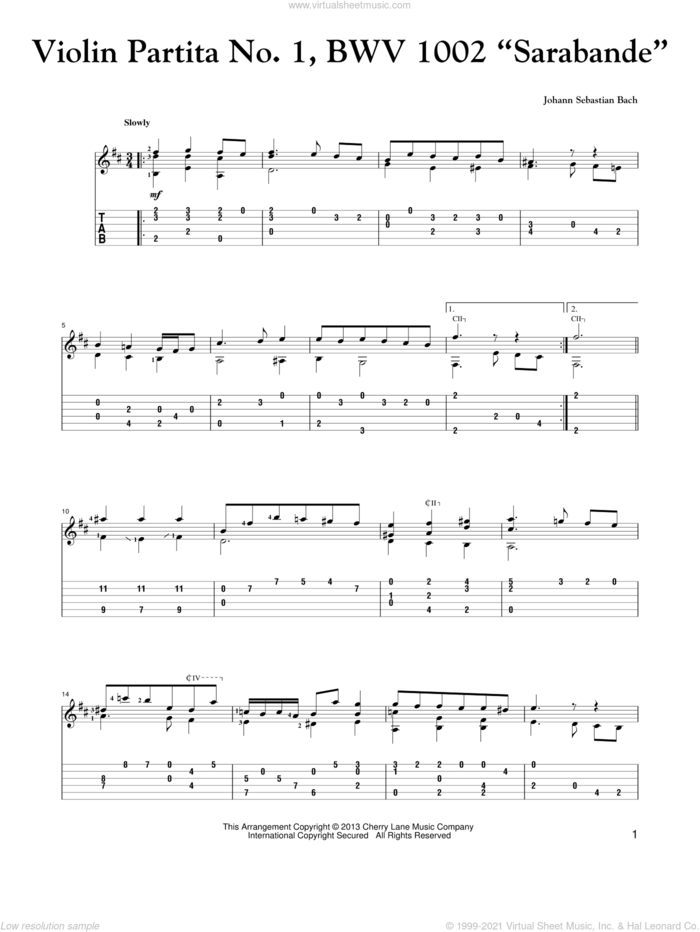 Violin Partita No. 1, BWV 1002 'Sarabande' sheet music for guitar solo by Johann Sebastian Bach, classical score, intermediate skill level