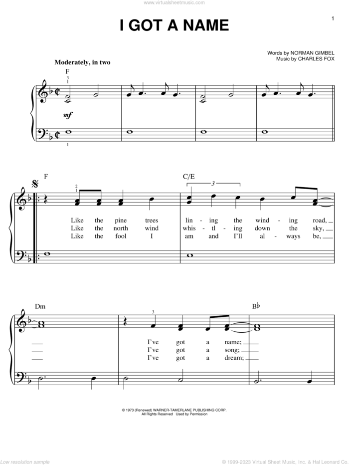 I Got A Name sheet music for piano solo by Jim Croce, easy skill level