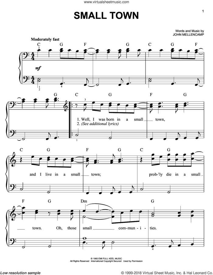 Small Town sheet music for piano solo by John Mellencamp, easy skill level