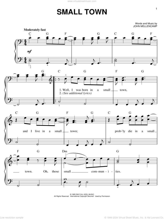 Small Town sheet music for piano solo by John Mellencamp, easy skill level