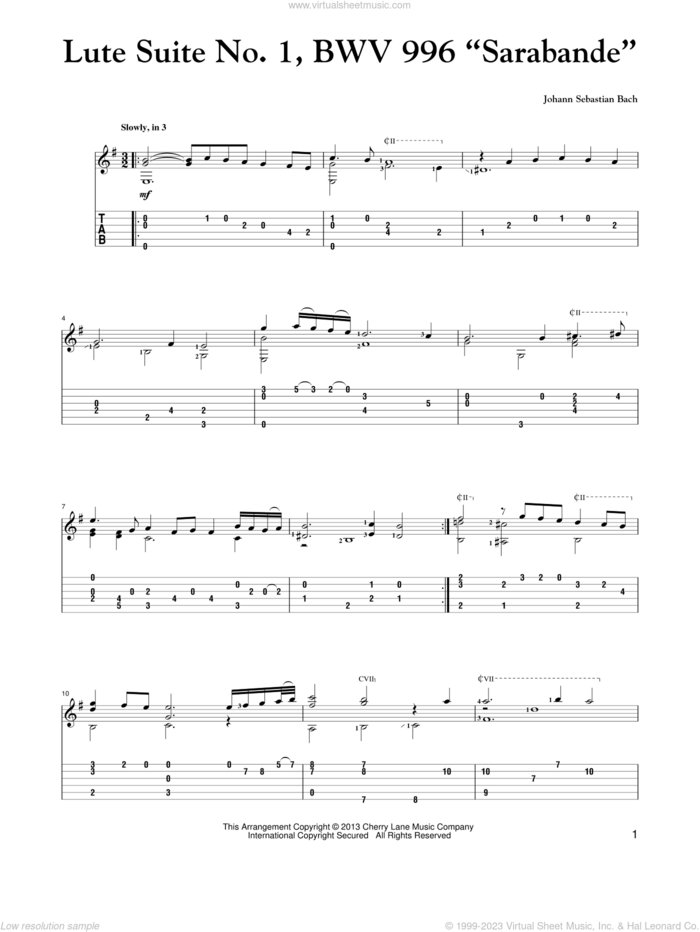 Lute Suite No. 1, BWV 996 'Sarabande' sheet music for guitar solo by Johann Sebastian Bach, classical score, intermediate skill level