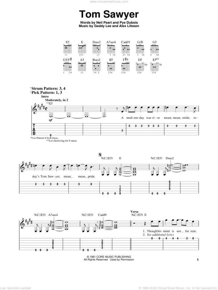 Tom Sawyer sheet music for guitar solo (easy tablature) by Rush, easy guitar (easy tablature)