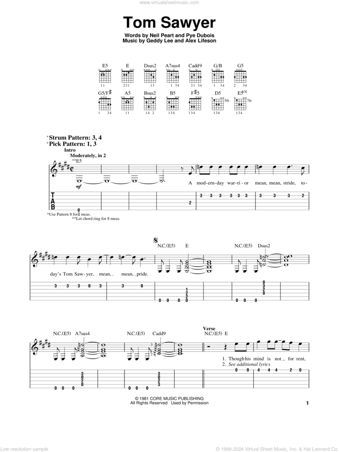 Tom Sawyer sheet music for guitar solo (easy tablature) by Rush, easy guitar (easy tablature)