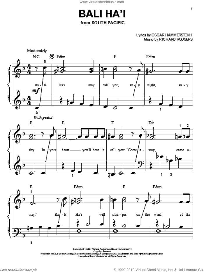 Bali Ha'i sheet music for piano solo (big note book) by Rodgers & Hammerstein, Oscar Hammerstein and Richard Rodgers, easy piano (big note book)
