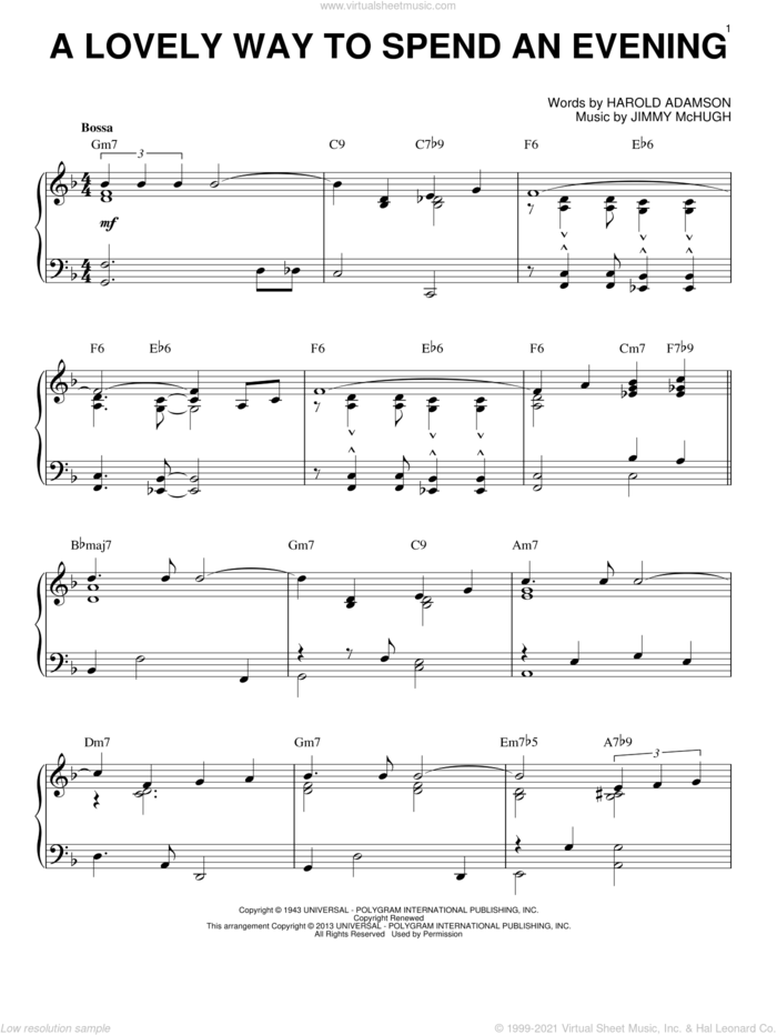 A Lovely Way To Spend An Evening (arr. Brent Edstrom) sheet music for piano solo by Frank Sinatra, Harold Adamson and Jimmy McHugh, intermediate skill level