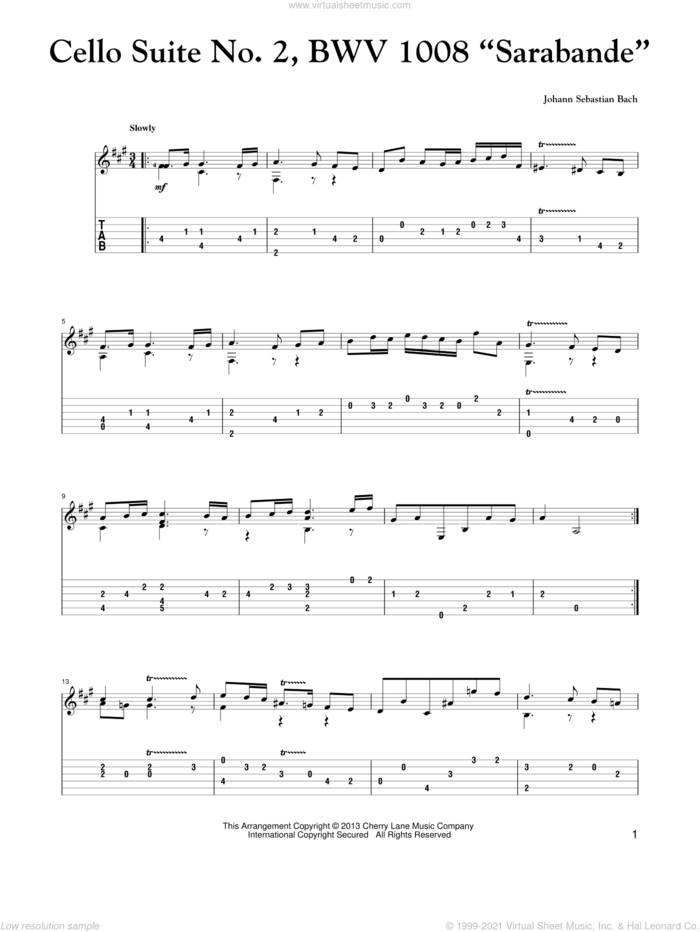 Cello Suite No. 2, BWV 1008 'Sarabande' sheet music for guitar solo by Johann Sebastian Bach, classical score, intermediate skill level