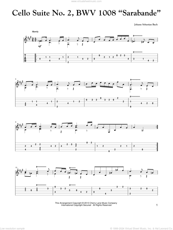 Cello Suite No. 2, BWV 1008 'Sarabande' sheet music for guitar solo by Johann Sebastian Bach, classical score, intermediate skill level