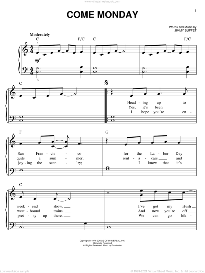 Come Monday sheet music for piano solo by Jimmy Buffett, easy skill level