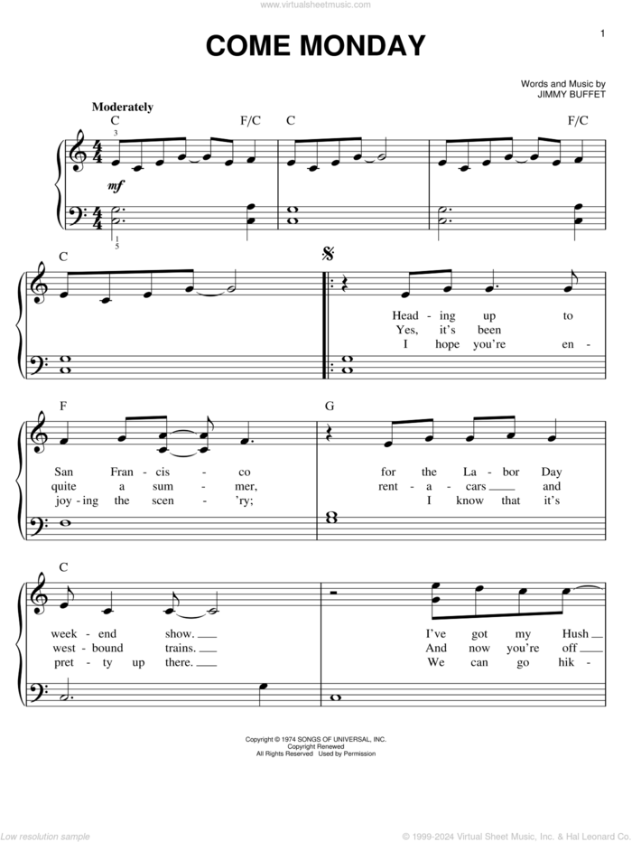 Come Monday sheet music for piano solo by Jimmy Buffett, easy skill level