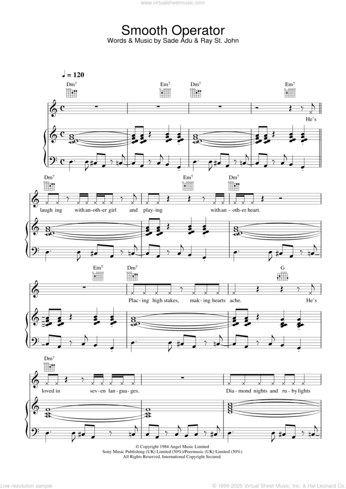 Smooth Operator sheet music for voice, piano or guitar by Sade, Ray St. John and Sade Adu, intermediate skill level