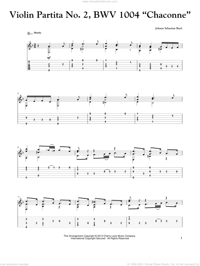 Violin Partita No. 2, BWV 1004 'Chaconne' sheet music for guitar solo by Johann Sebastian Bach, classical score, intermediate skill level