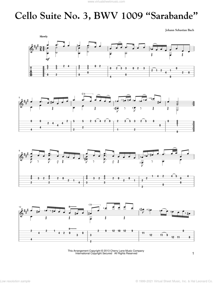 Cello Suite No. 3, BWV 1009 'Sarabande' sheet music for guitar solo by Johann Sebastian Bach, classical score, intermediate skill level