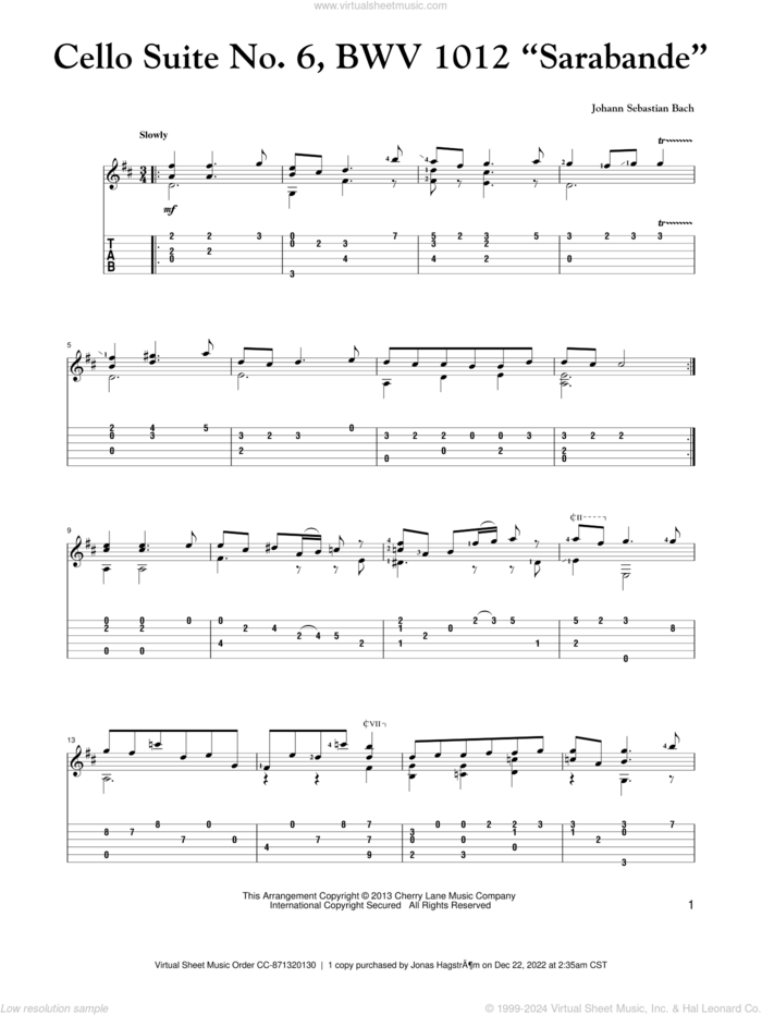 Cello Suite No. 6, BWV 1012 'Sarabande' sheet music for guitar solo by Johann Sebastian Bach, classical score, intermediate skill level