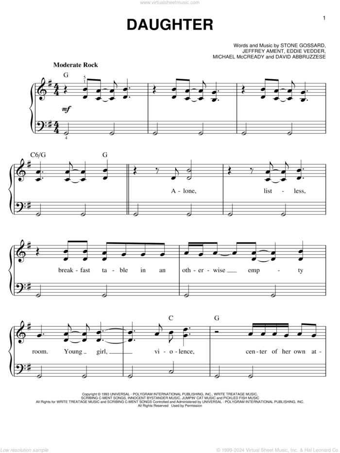 Daughter, (easy) sheet music for piano solo by Pearl Jam, easy skill level